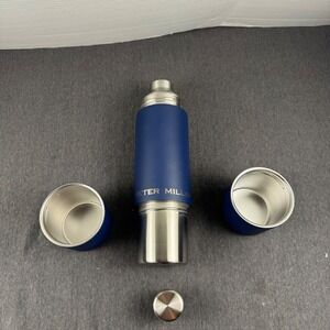 Peter Millar Navy Blue Stainless Steel Insulated Thermal Flask with Two Cups